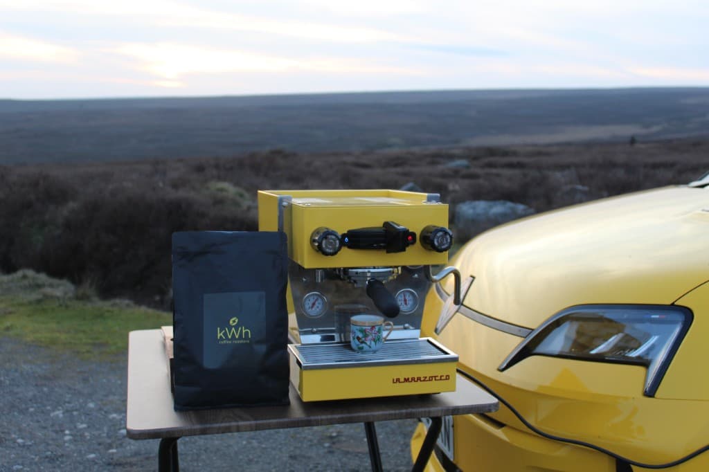 kWh Coffee's yellow La Marzocco espresso machine and coffee bag set up on the Yorkshire moors